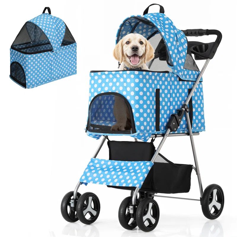 Sky Blue Polka Dot Foldable Pet Stroller with Storage