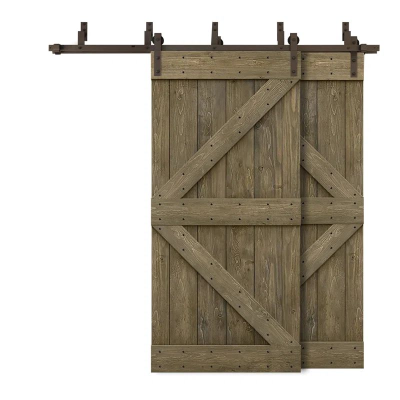Aged Barrel Knotty Pine Double Bypass Barn Door with Oil-Rubbed Bronze Hardware