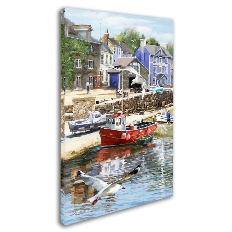 Coastal Town Seaside Landscape Canvas Art in Blue and Red