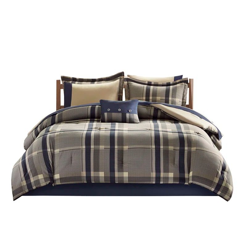 Navy and Taupe Plaid Twin Microfiber Bed in a Bag Set