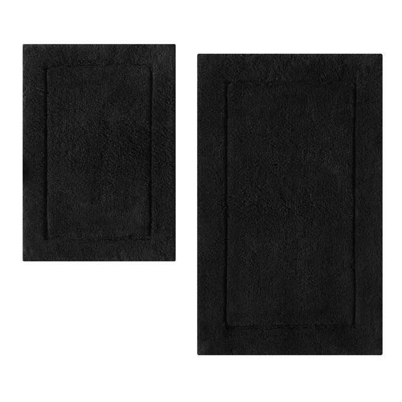 Black Cotton Rectangle Bathroom Rug Set, Machine-Washable, 2 Piece