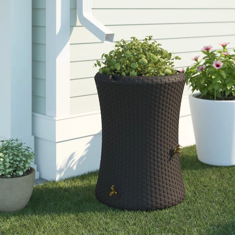 Dark Brown Wicker 50-Gallon Dual Spigot Rain Barrel Planter