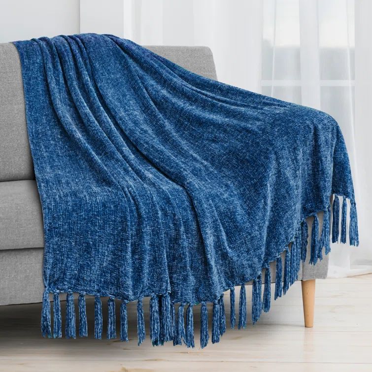 Blue Chenille Knitted Reversible Throw Blanket with Tassels