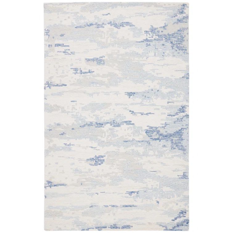 Ivory and Blue Abstract Handmade Wool Tufted Rug, 4' x 6'