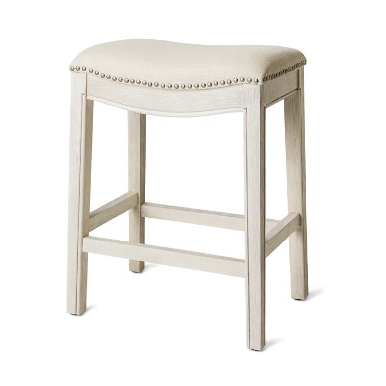 Weathered Oak Backless Saddle Barstool with Vegan Leather Seat