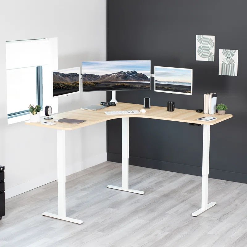 Light Wood and White L-Shaped Electric Adjustable Standing Desk