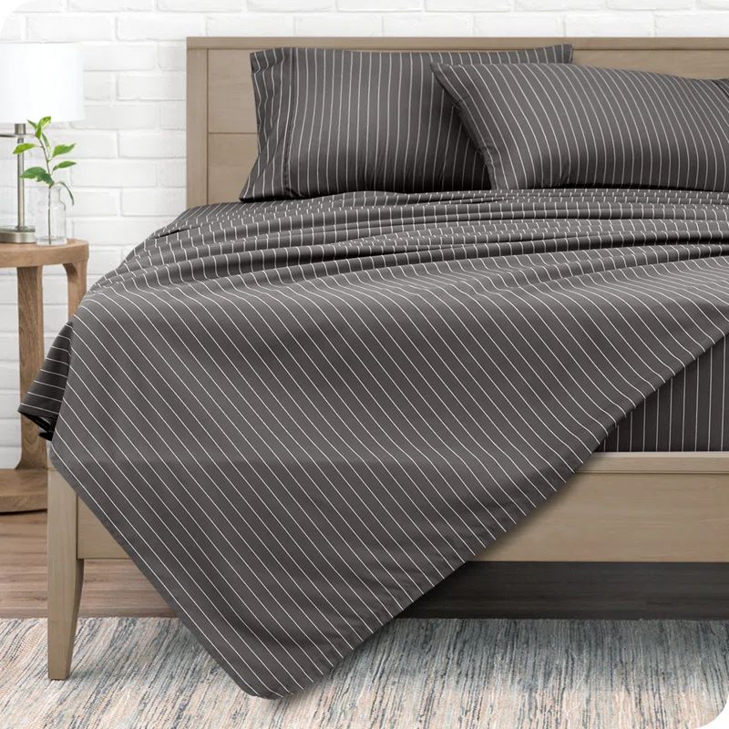 Twin XL Grey Pinstripe Microfiber Sheet Set with Deep Pockets