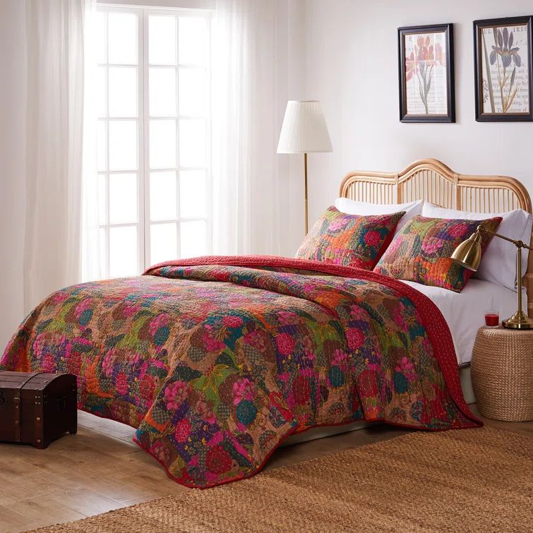 Full/Queen Reversible Cotton Floral Quilt Set in Vibrant Jewel Tones