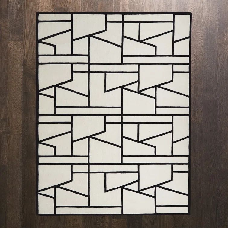 Handmade Zig Zag Black and Ivory Wool-Viscose 8' x 10' Rug