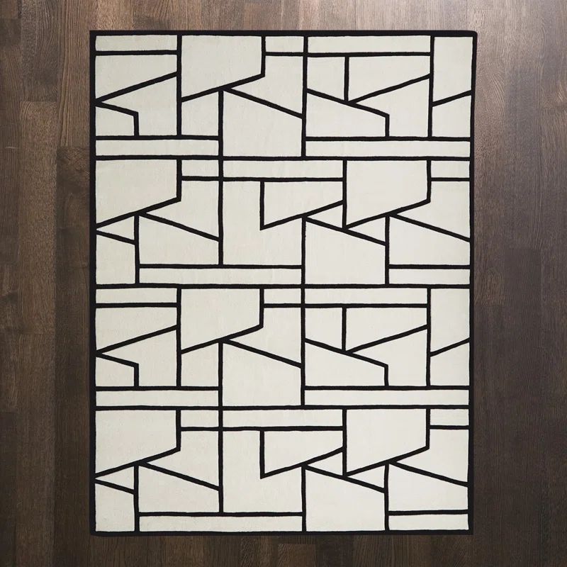 Black and Ivory Geometric Wool Tufted Rug 6' x 9'