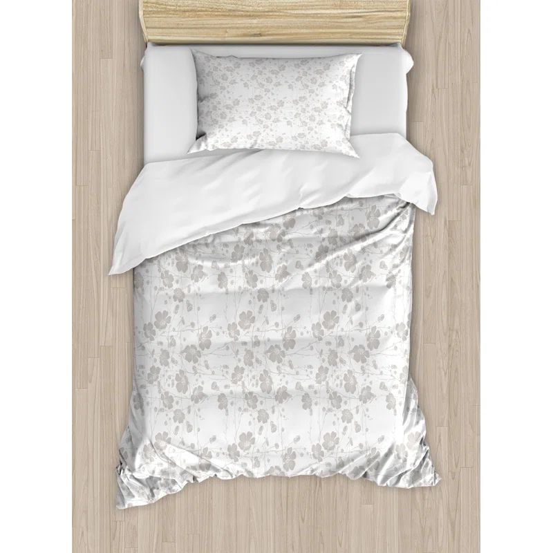 Twin Pale Grey Floral Duvet Cover Set with Pillow Sham
