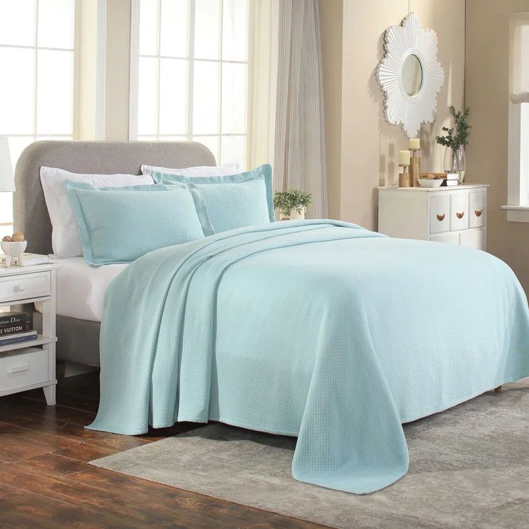 Aqua Cotton Queen Bedspread Set with Reversible Lattice Pattern