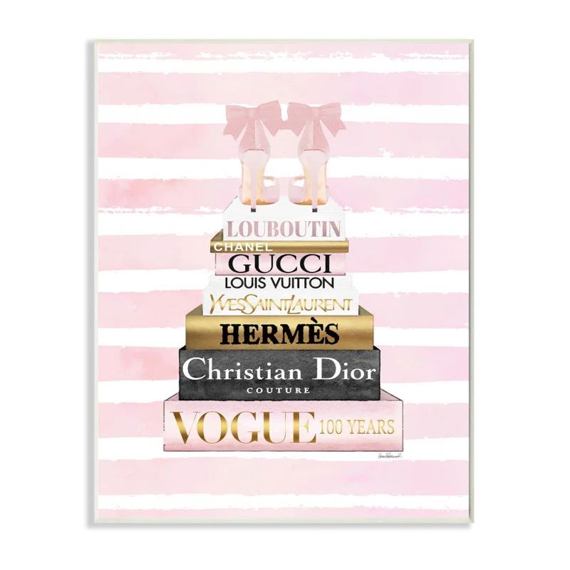 Glam Pink Striped Fashion Bookstack Wood Wall Art