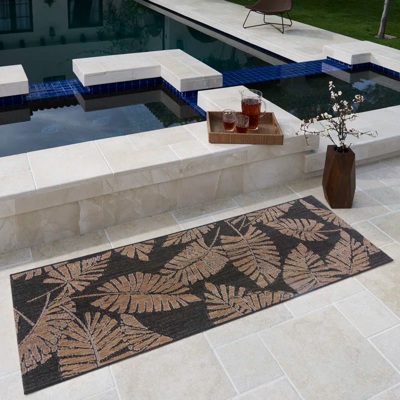 Black and Brown Tropical Floral Flatweave Runner Rug, 2'2" x 6'