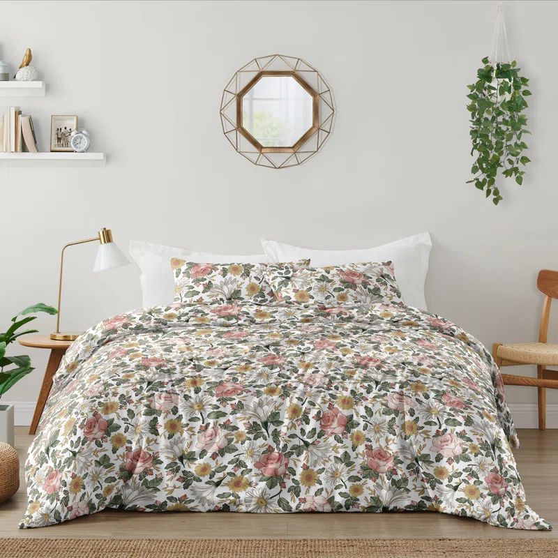 Pink and Green Floral Microfiber Full Bedding Set
