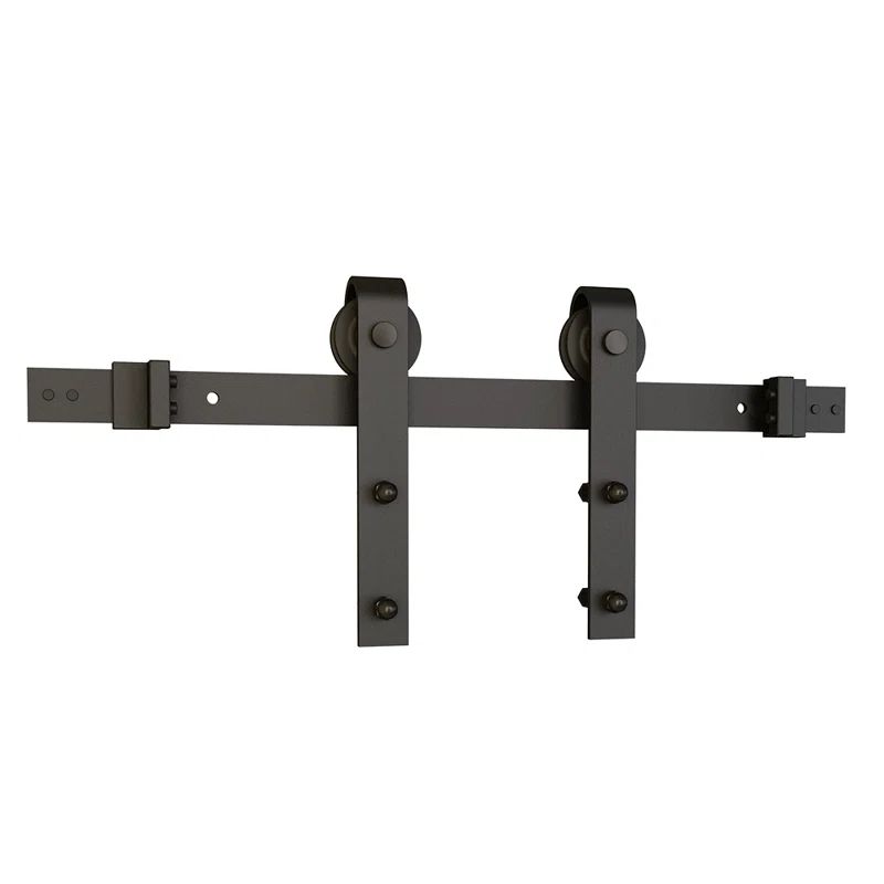 Espresso Solid Steel Sliding Barn Door Hardware Kit with Routed Floor Guide