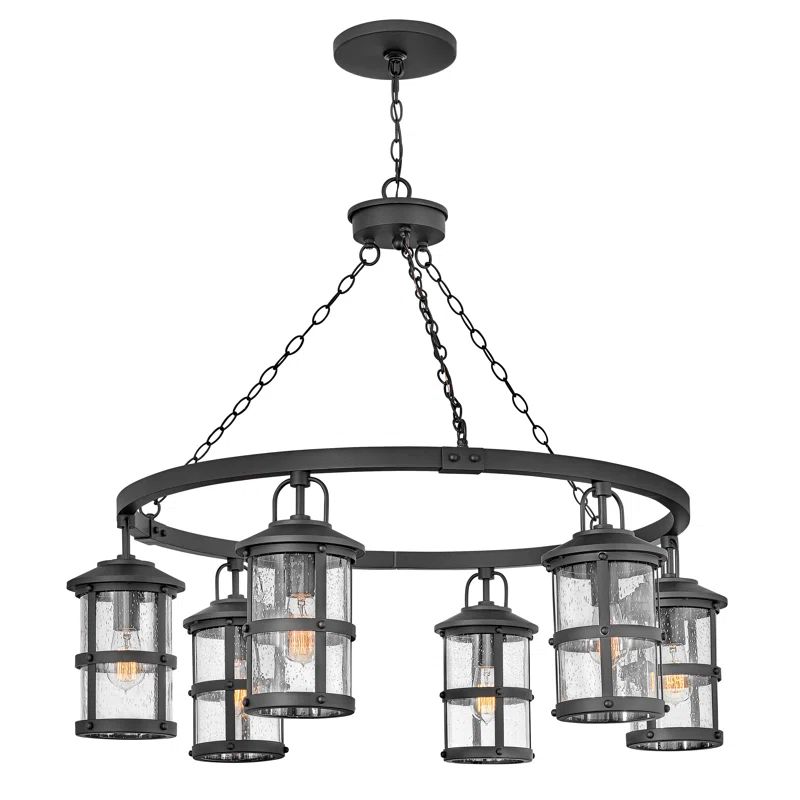 Lakehouse Distressed Black 6-Light LED Outdoor Chandelier with Clear Seedy Glass