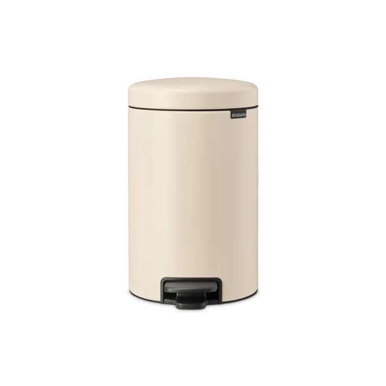 Soft Beige Round Plastic Step-On Kitchen Trash Can, 3.2 Gallons