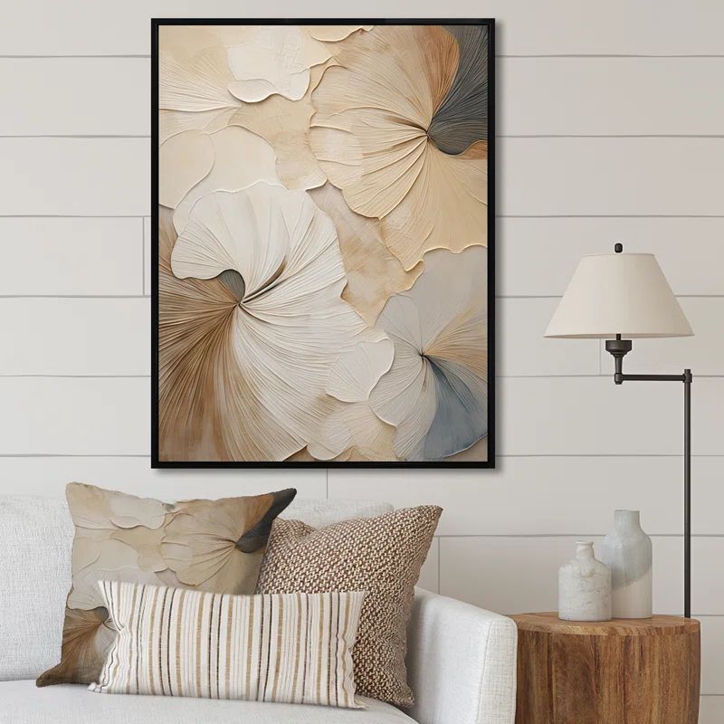 Beige and Gray Floral Canvas Print in Black Floater Frame