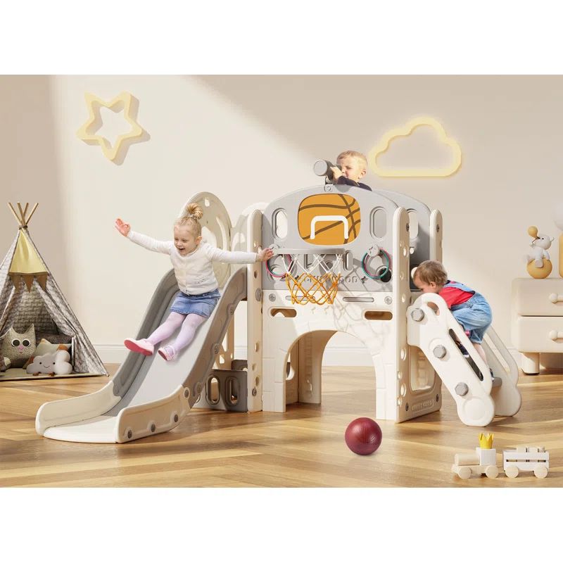 9-in-1 Beige and Gray Toddler Playset with Slide and Basketball Hoop