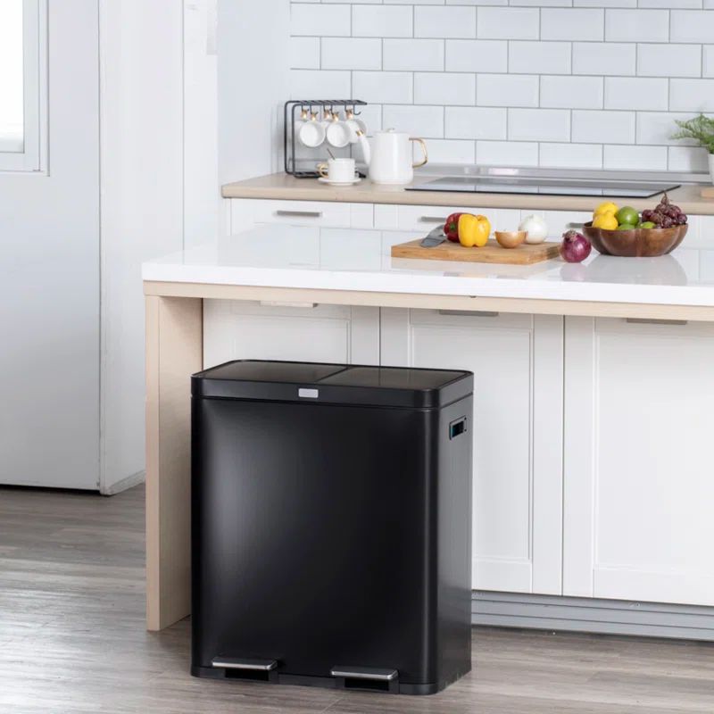 Matte Black 15.8 Gallon Dual Compartment Stainless Steel Kitchen Trash Can