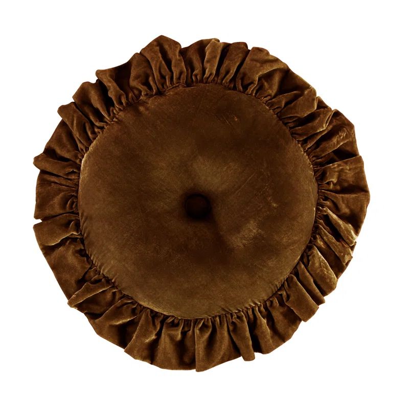 Green Ochre Velvet Round Ruffled Decorative Pillow