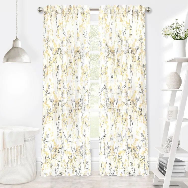 Misty Maize Floral Semi-Sheer 52" x 63" Window Curtain Panel