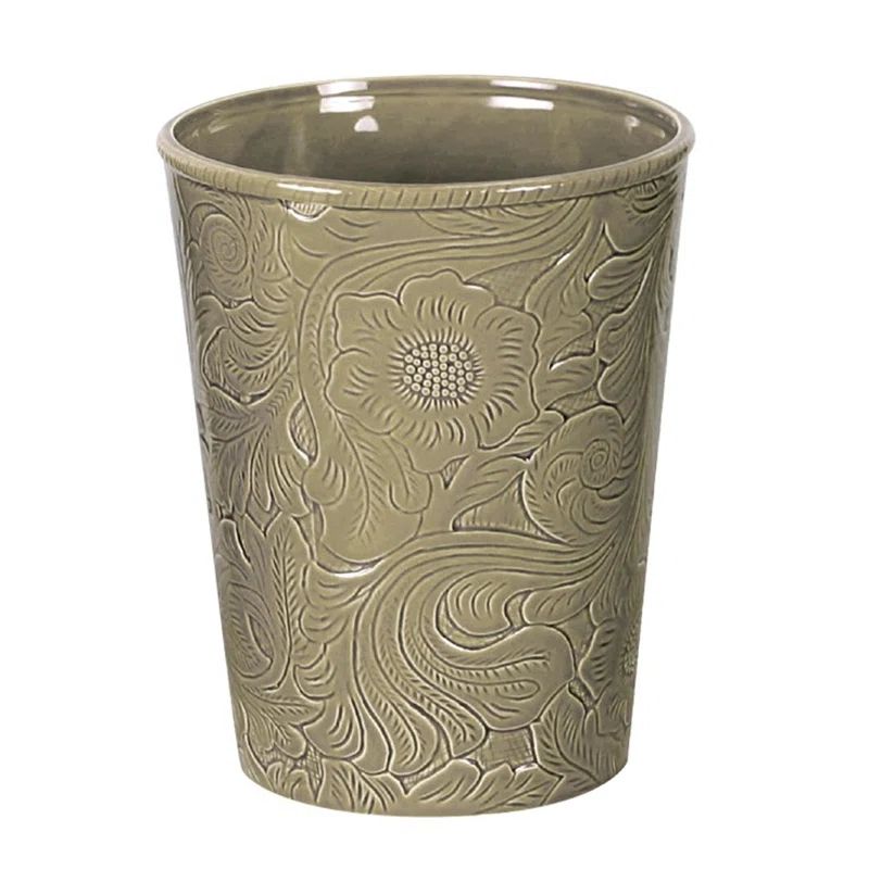 Taupe Ceramic Floral Pattern Waste Basket