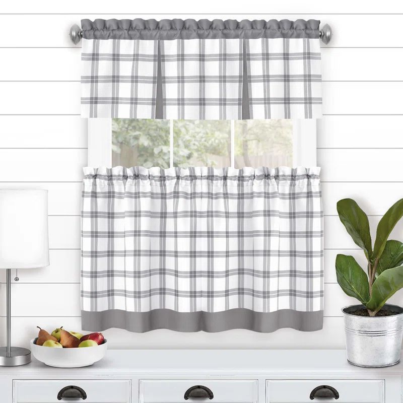 Gray Plaid Light Filtering Tier and Valance Curtain Set, 58" x 36"