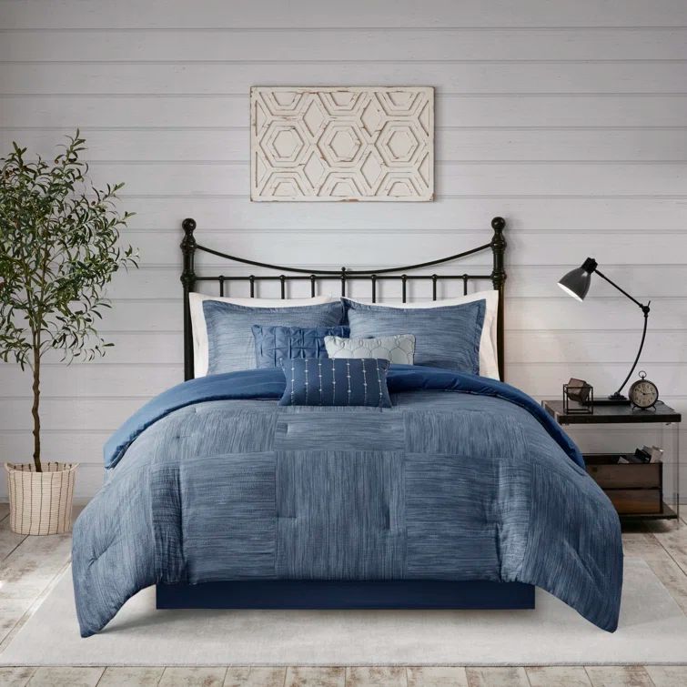 Navy Microfiber California King Seersucker Comforter Set