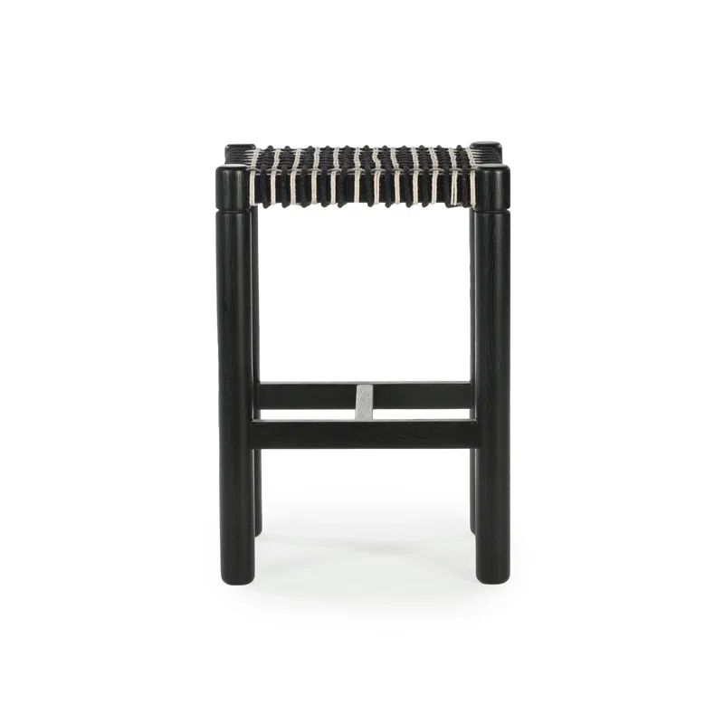 Modern Oak and Rattan Backless Accent Stool in Black/Brown/White