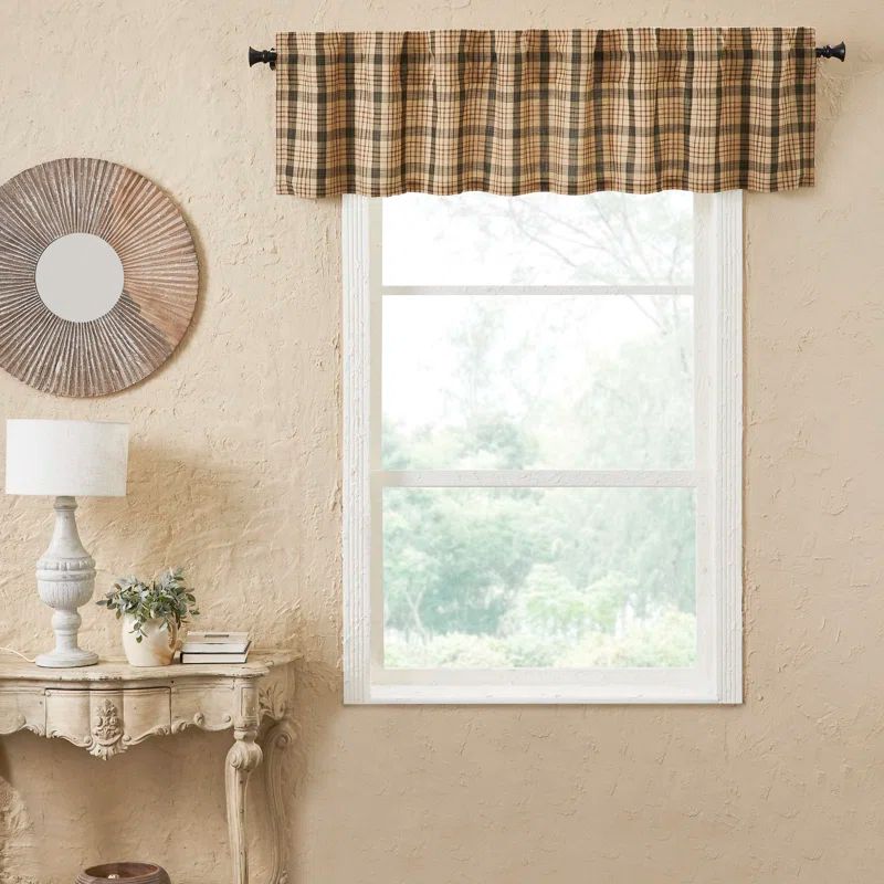 Khaki Tan and Forest Green Plaid Cotton Window Valance, 72" Width