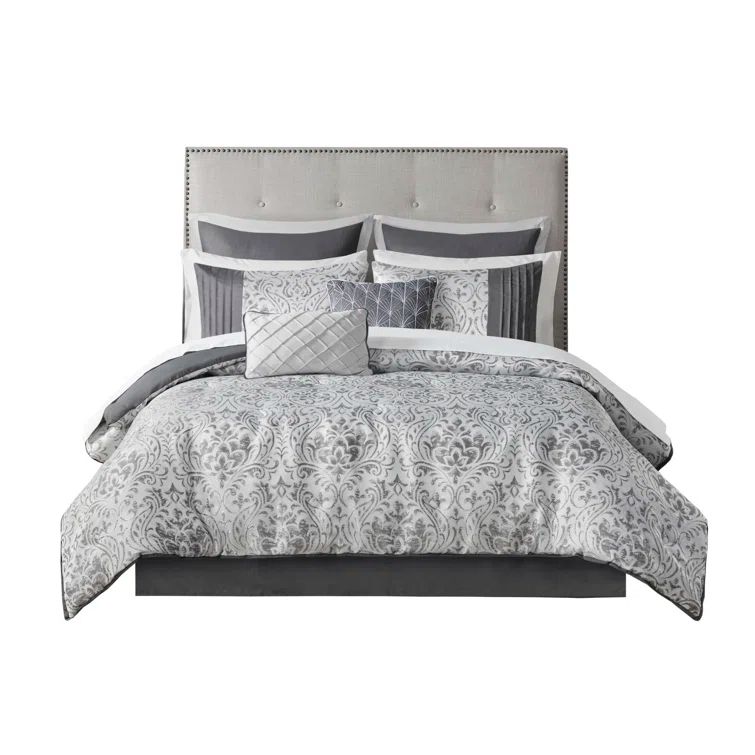 California King Silver Microfiber Jacquard Comforter Set with Bed Sheets