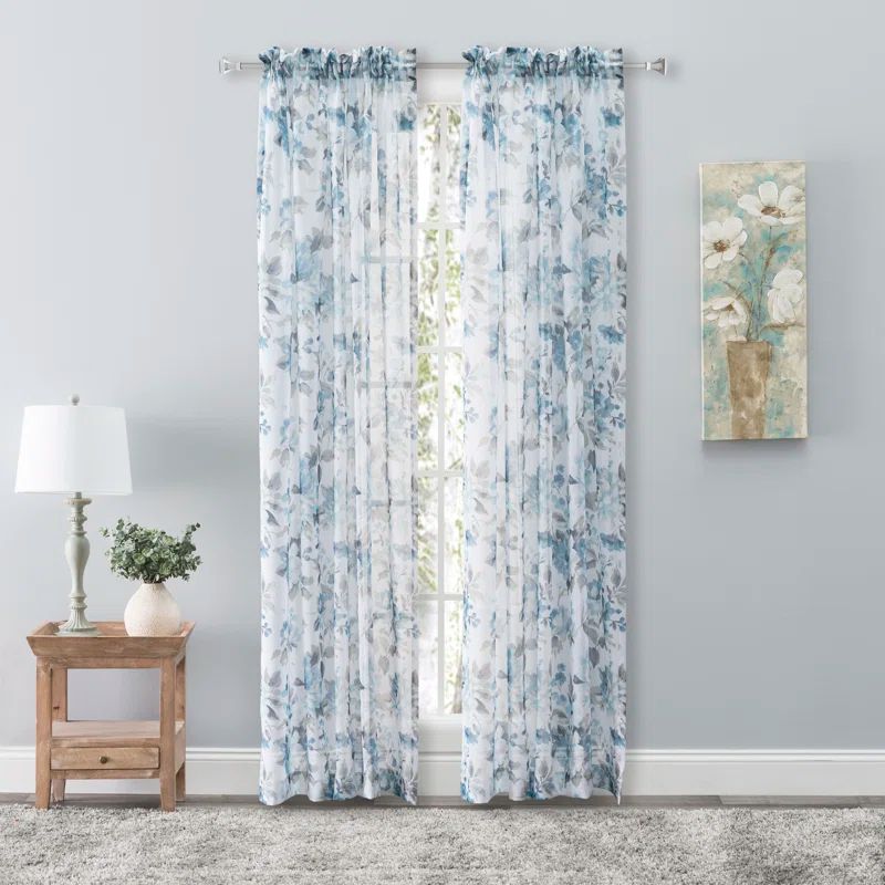 Blue Floral Sheer Rod Pocket Panel 54x84 Polyester