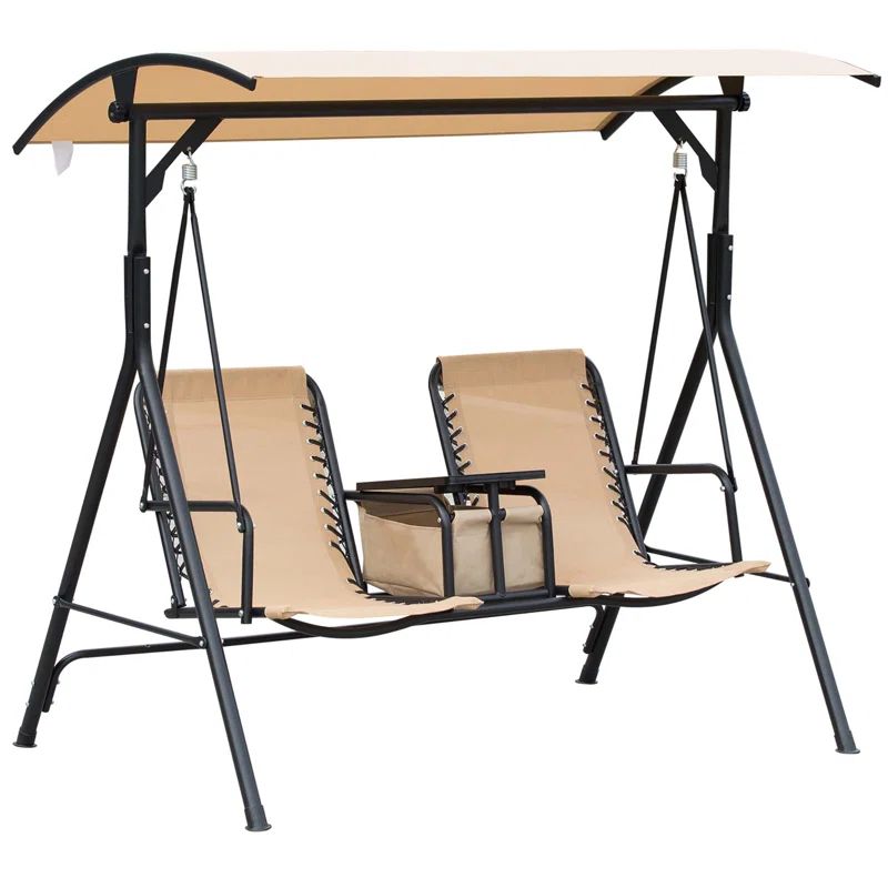 Beige Steel 2-Seat Outdoor Patio Swing Chair with Canopy
