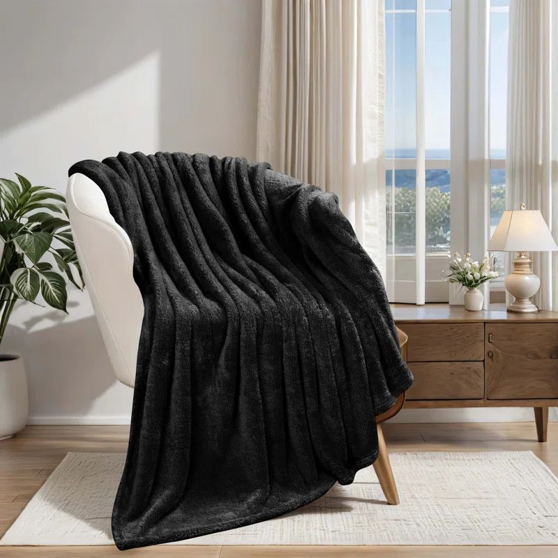 Black Reversible Fleece and Wool Throw Blanket