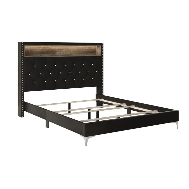 Black Velvet King Upholstered Bookcase Bed with Nailhead Trim
