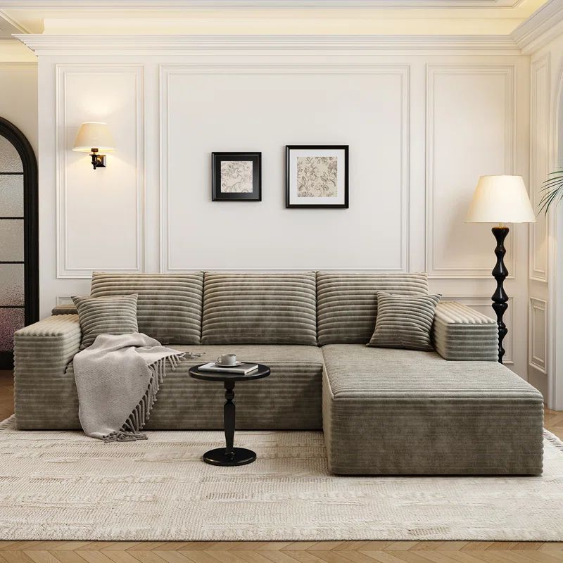 Gray Plush Corduroy Fabric Modular Sectional Sofa with Chaise