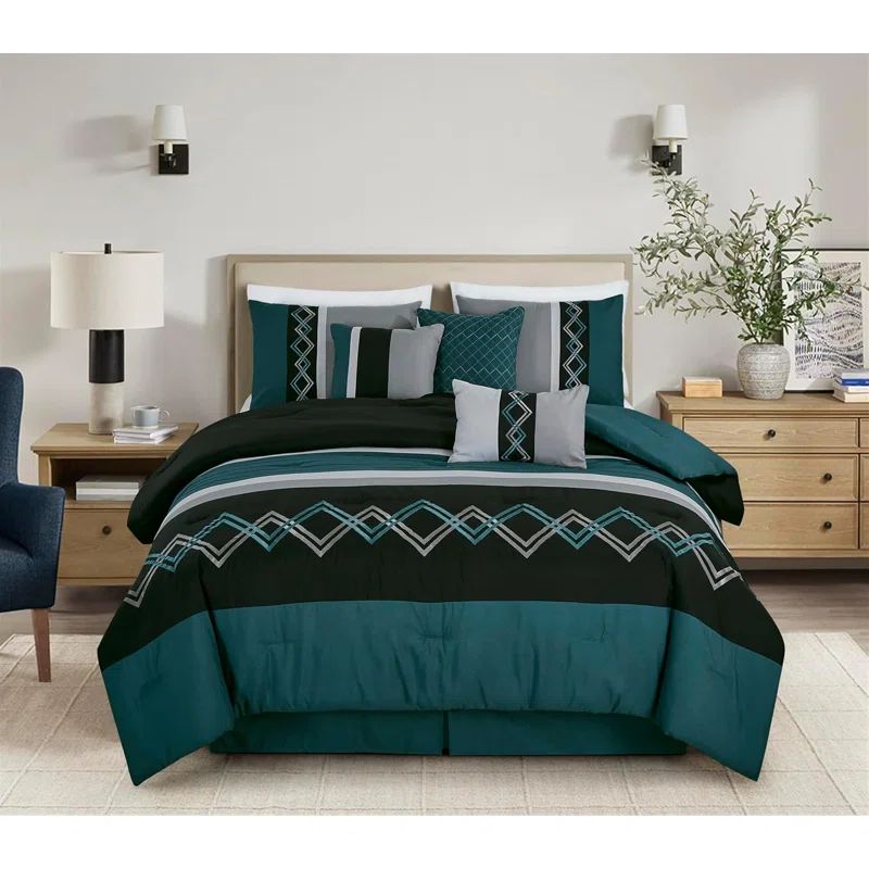 Teal and Black Microfiber Queen Comforter Set with Zigzag Embroidery