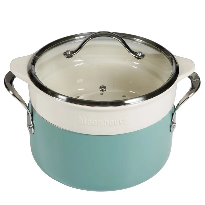 Turquoise and White Non-Stick Aluminum Dutch Oven with Ceramic Steamer Insert