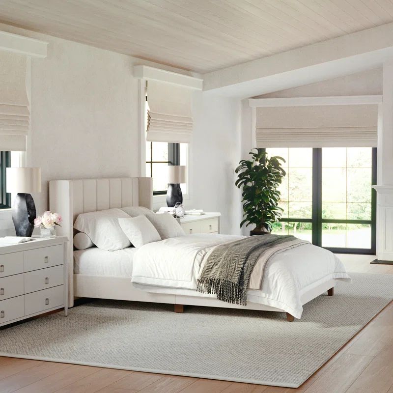Beige Linen Upholstered Full Platform Bed with Wood Frame