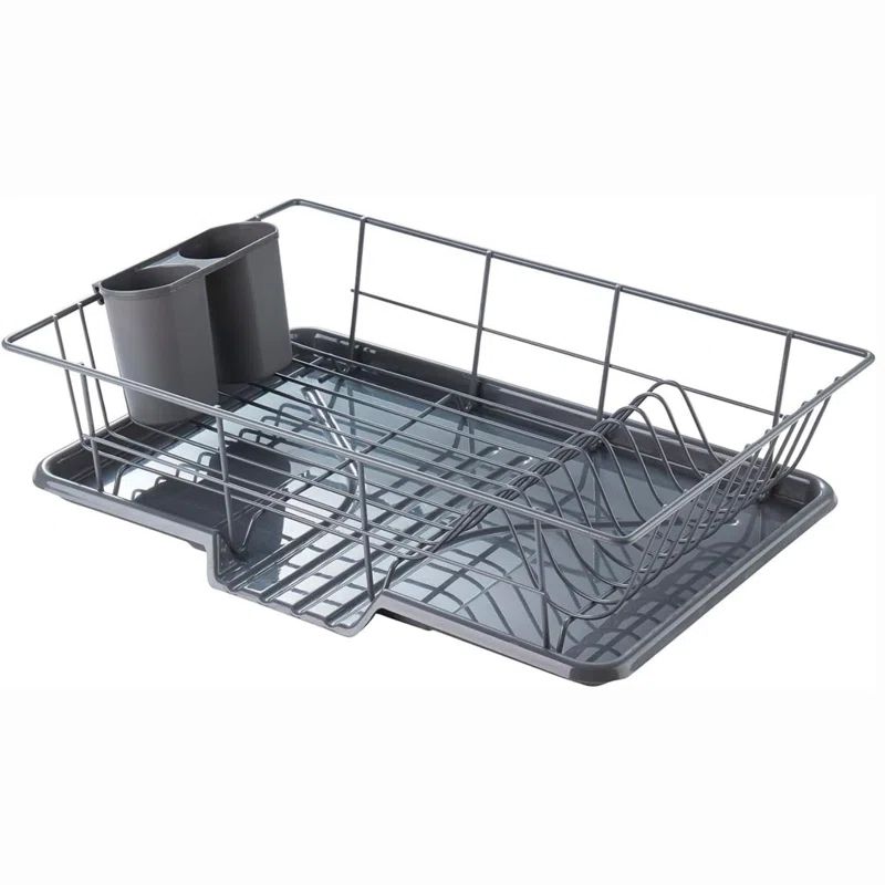 Gray Metal 3-Piece Dish Drainer Set with Utensil Cup
