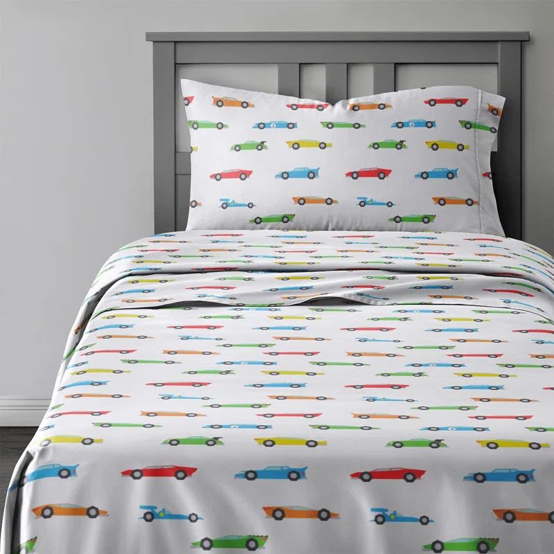 Queen White Microfiber Racecar Print Sheet Set