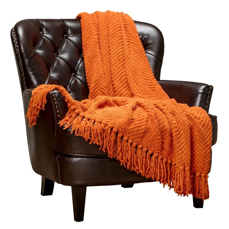 Chanasya 60x70 Inch Orange Knitted Acrylic Polyester Throw Blanket with Tassels