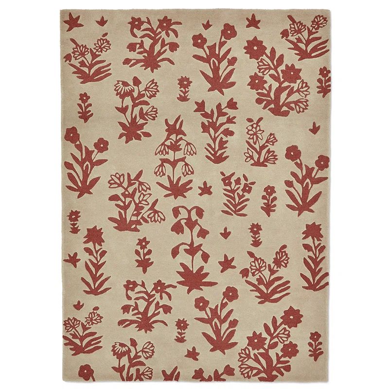 Handmade Red Floral Wool Rectangular Rug 5'7" x 7'10"