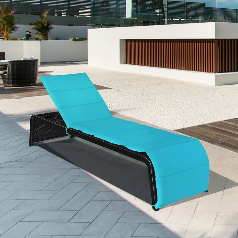 Turquoise Cushioned Armless Outdoor Rattan Chaise Lounge