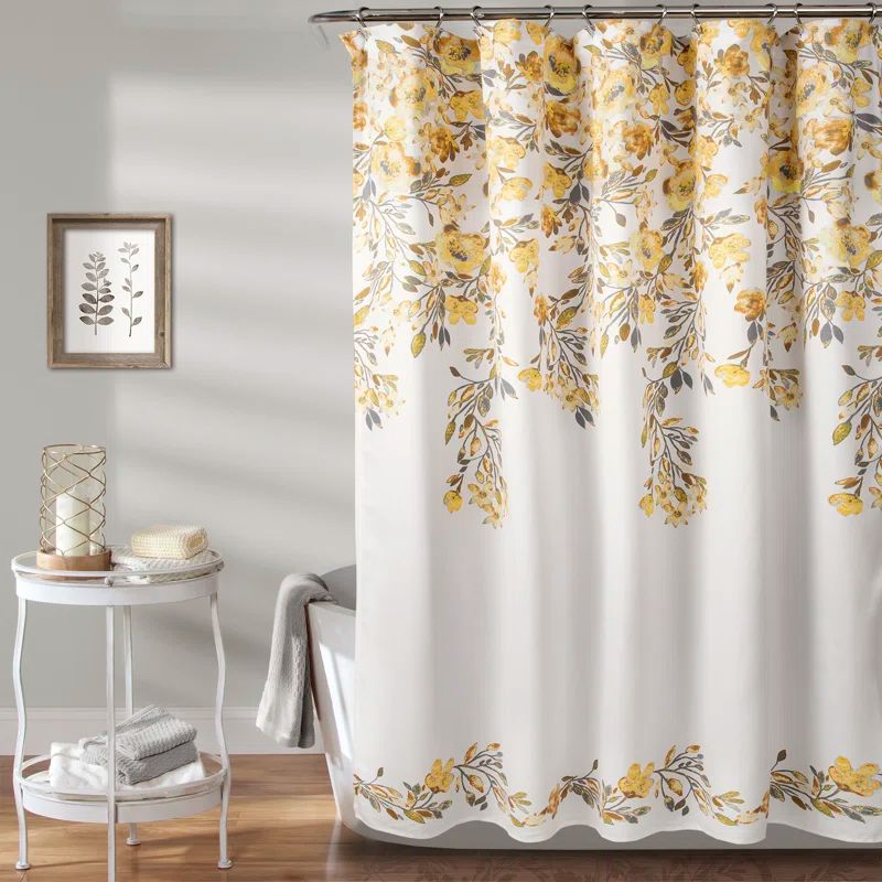 Tanisha Yellow and Gray Floral Polyester Shower Curtain 72" x 72"