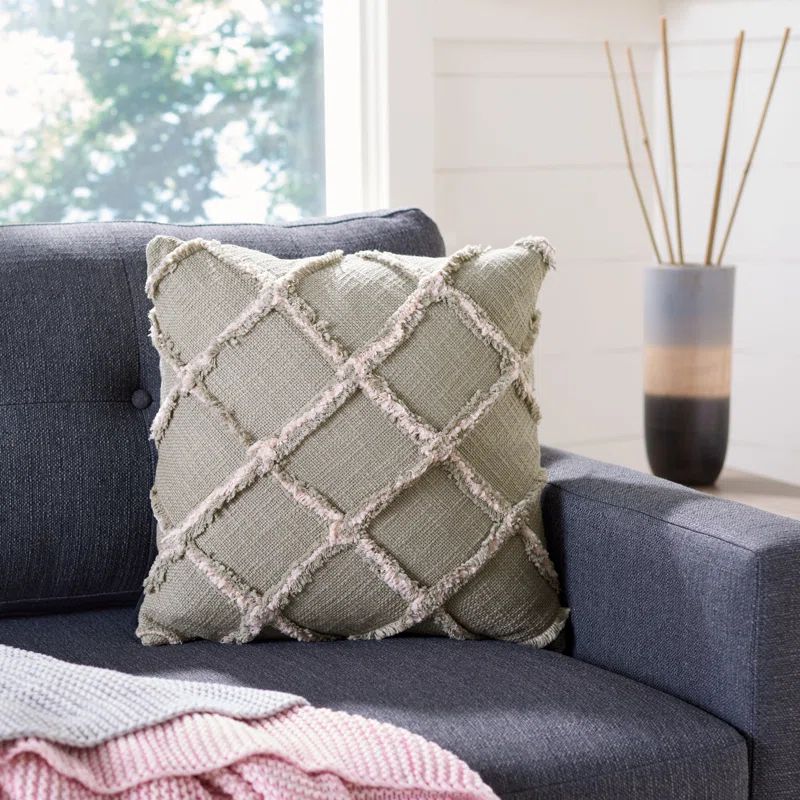 Ashlin Grey and Beige Fringed Cotton Throw Pillow
