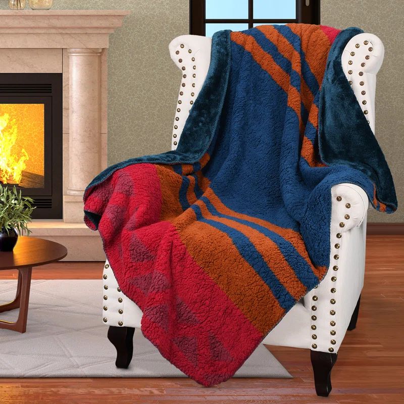 Southwestern Striped Reversible Sherpa Fleece Throw Blanket, 50 x 60 inches