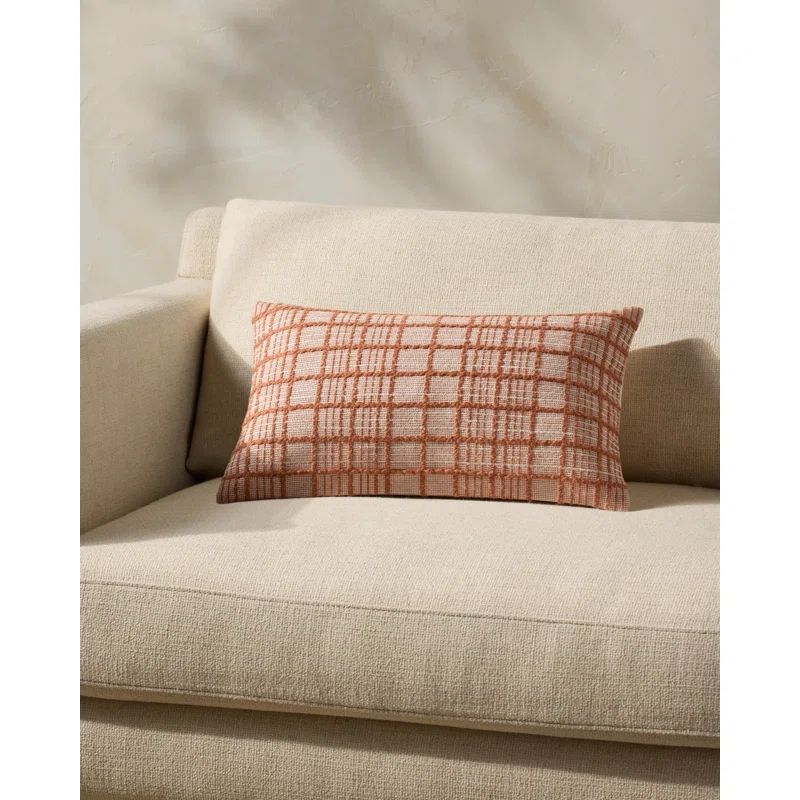 Rust and Beige Cotton Windowpane Lumbar Throw Pillow
